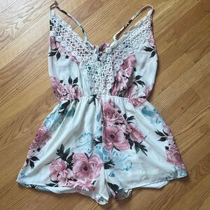 Floral Lace Trim Romper